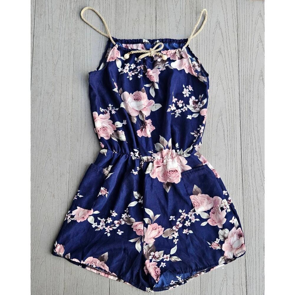Navy floral romper with pockets & gold Egyptian rope tie small